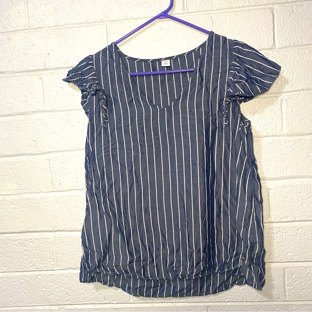 Old Navy Casual Dress Blouse Ruffly Cap Sleeve Blue Vertical Stripe V Neck M